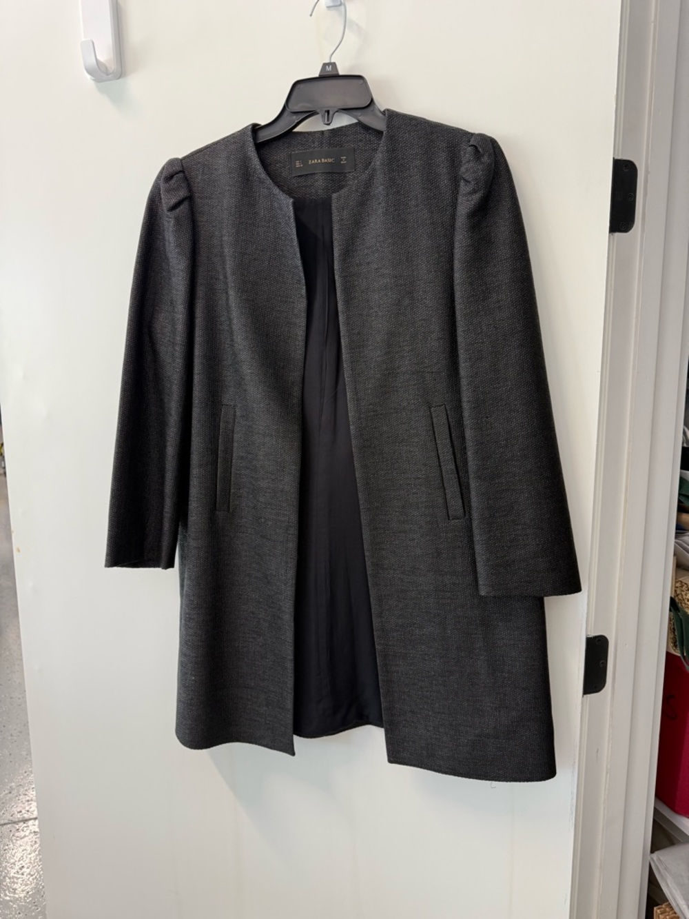 Zara Women's black Collarless linen look weave longer jacket